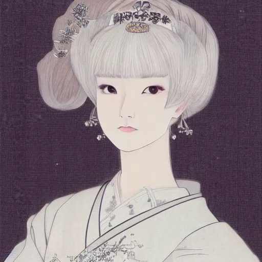 Prompt: Portrait of a japanese princess young lady, with white hair!!!! beauty artwork by Akihiko Yoshida