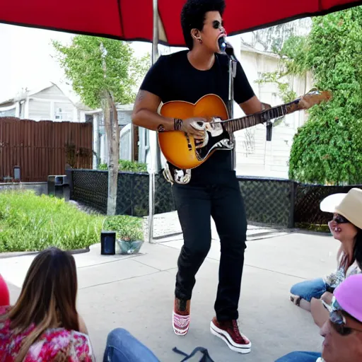 Prompt: bruno mars loudly singing to a group of people sitting under a backyard patio. daytime