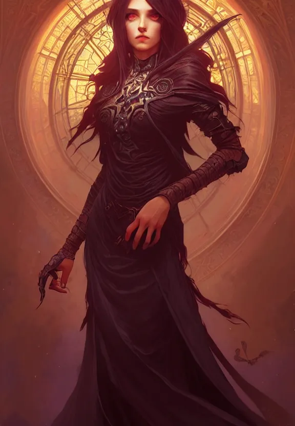 Image similar to Necromancer Sorceress in center, fantasy magic, undercut hairstyle, dark light night, intricate, elegant, sharp focus, illustration, highly detailed, digital painting, concept art, matte, art by WLOP and Artgerm and Greg Rutkowski and Alphonse Mucha, masterpiece