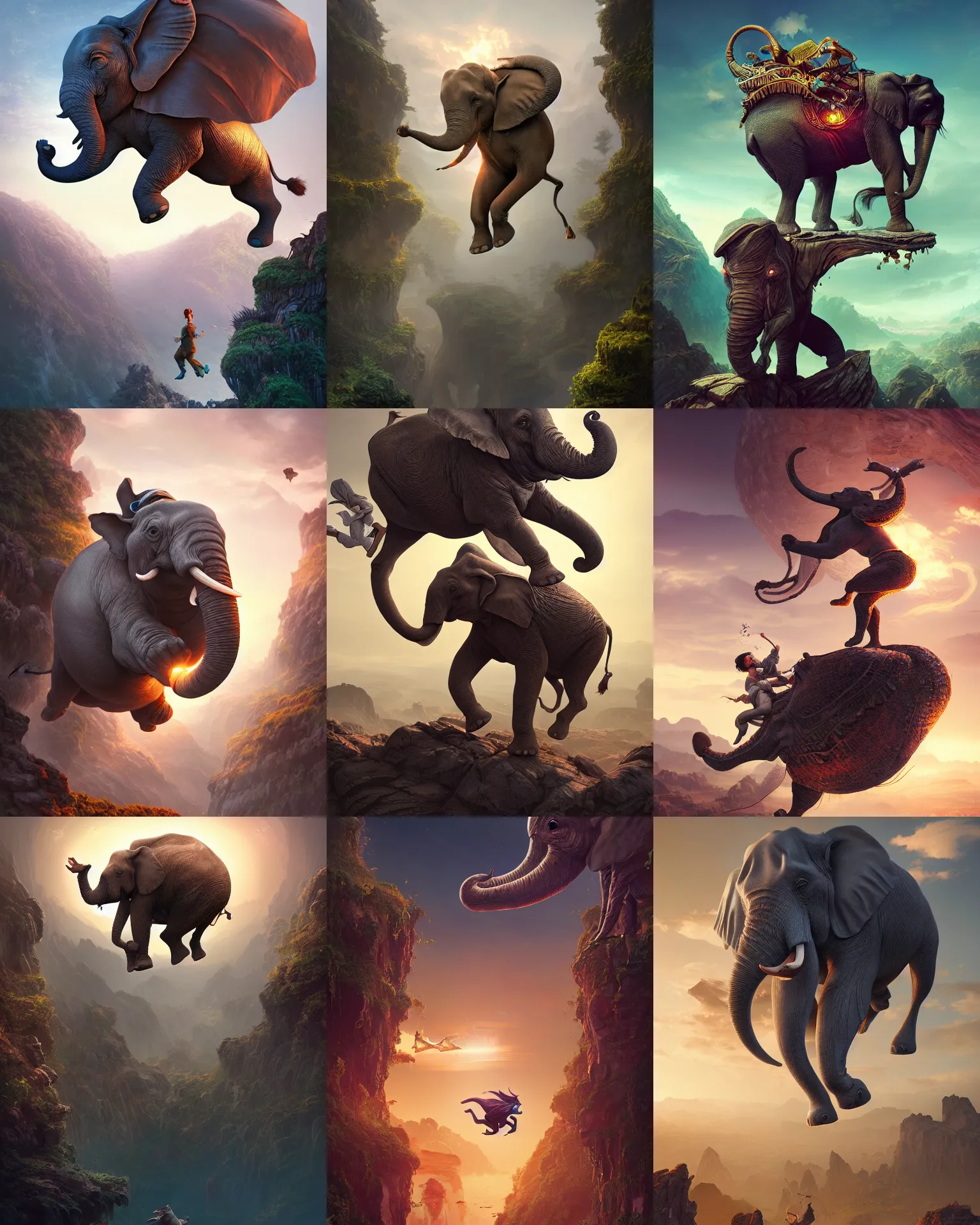 Prompt: a jumping elephant, fantasy, intricate, epic lighting, cinematic composition, hyper realistic, 8 k resolution, unreal engine 5, by artgerm, tooth wu, dan mumford, beeple, wlop, rossdraws, james jean, marc simonetti, artstation