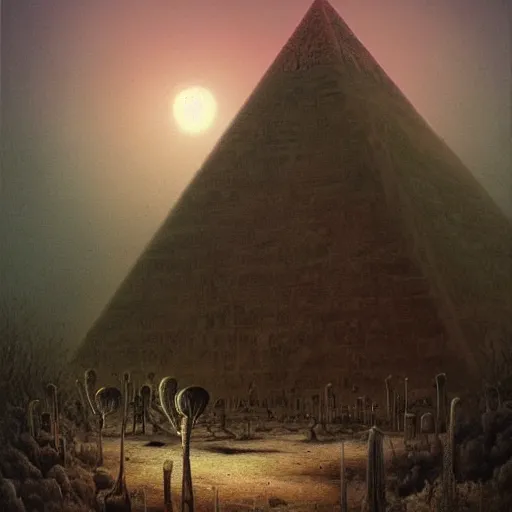 Image similar to a hyperrealistic painting of an overgrown derelict egyptian pyramid in the middle of an alien jungle, bioluminescent plants, by john kenn mortensen and zdzislaw beksinski, highly detailed, vivid color,