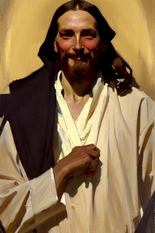 Prompt: leyendecker!!!!!!!!! solomon joseph solomon and richard schmid and jeremy lipking victorian loose genre loose painting full length portrait painting of jesus with a slight smile happy inviting