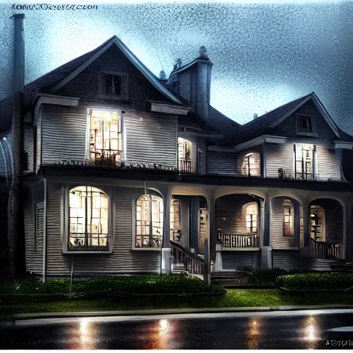 Image similar to Double story suburban house,it is raining, night time , peaceful atmosphere, moody lighting , digital art , highly detailed , high contrast, beautiful lighting, award winning , trending on art station, photorealistic, 8k