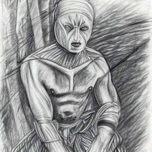 Image similar to one mummy in bandages touches head of warrior, in jungle, pencil drawing