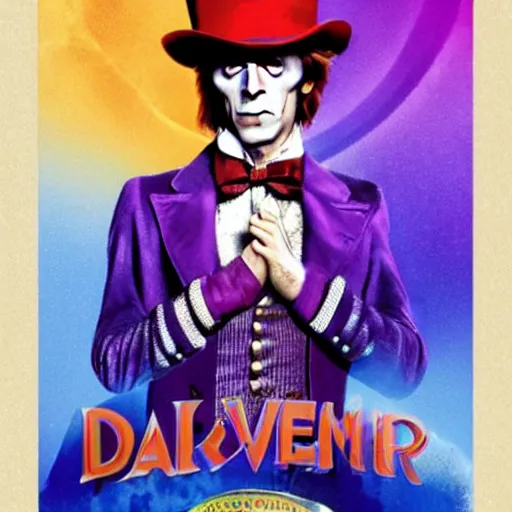 Prompt: awe inspiring David Bowie as Willy Wonka movie poster 4K amazing lighting