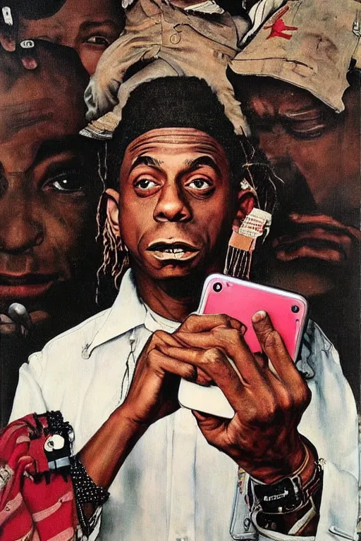 Image similar to lil wayne and his giant iphone painted by norman rockwell