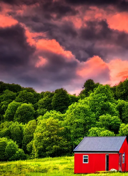 Image similar to red mountain ash, green fence, wooden house, village, clouds in the sky, sunset, summer