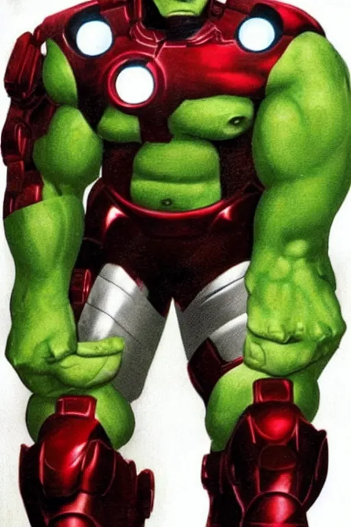 Image similar to a cross between iron man and hulk