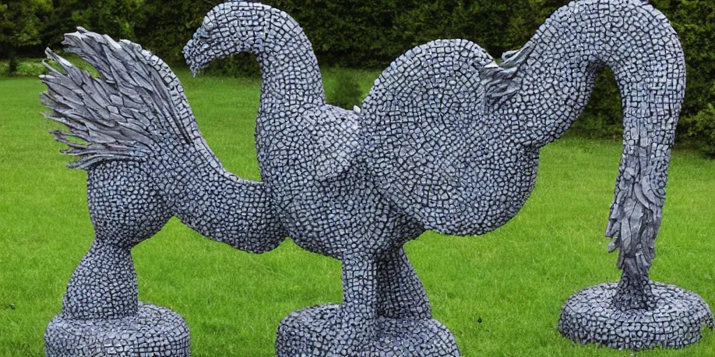Prompt: art magazine photo, garden sculptures, concrete mosaic sculpture of a griffin, art by wouterina de raad!!!, art by james tellen