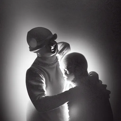 Image similar to a mime hugging a clown, dramatic lighting, chiaroscuro