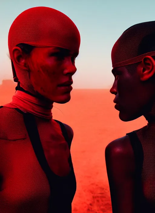 Image similar to cinestill 5 0 d photographic portrait by steve mccurry of two loving female androids wearing rugged black mesh techwear in a brutalist compound with a red sky, extreme closeup, cyberpunk style, dust storm, 8 k, hd, high resolution, 3 5 mm, f / 3 2, ultra realistic faces, ex machina