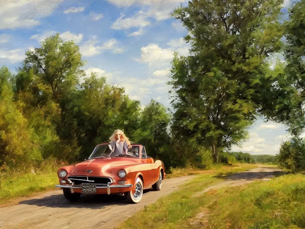 Image similar to 1950 blonde driving à mustang on a country road, Swedish countryside, painting by Vladimir Volegov, masterpiece