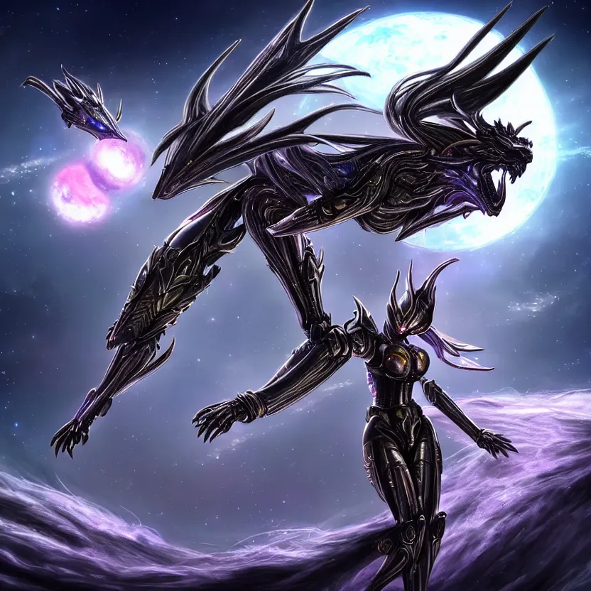 Image similar to goddess shot, galactic sized stunning beautiful anthropomorphic robot mecha female dragon, in space, larger than planets, posing elegantly, holding earth in sharp claws, detailed silver armor, epic proportions, epic scale, ultra detailed digital art, furry art, macro art, dragon art, giantess art, warframe fanart, furaffinity, deviantart, realistic