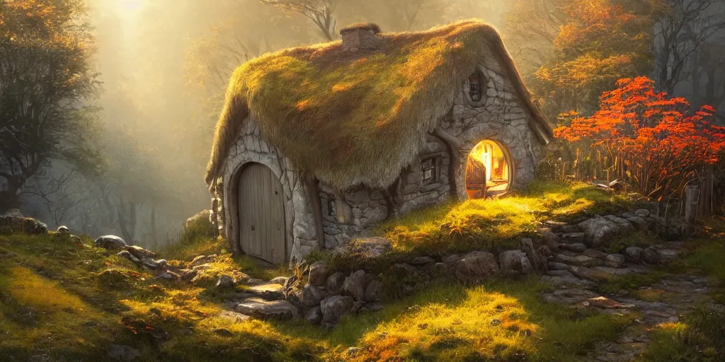 Image similar to a hobbit cottage on top of a steep hill, greg rutkowski, zabrocki, moebius, karlkka, jayison devadas, highly detailed, autumn sunlights, smoky atmosphere, ( ray of sunlight ), trending on artstation, sharp details, 8 k, ultra wide angle, zenith view, lens effect