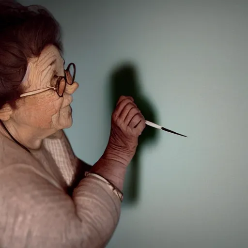 Prompt: a very beautiful polaroid photograph portrait. a sweet fat old woman is painting her shadow on the wall. very stylized. 4 k. wide angle. wild movements. 3 d. symmetrical face. clear realistic face. beautiful hands. deep focus, lovely scene. arnold maya render. concept art. unreal engine