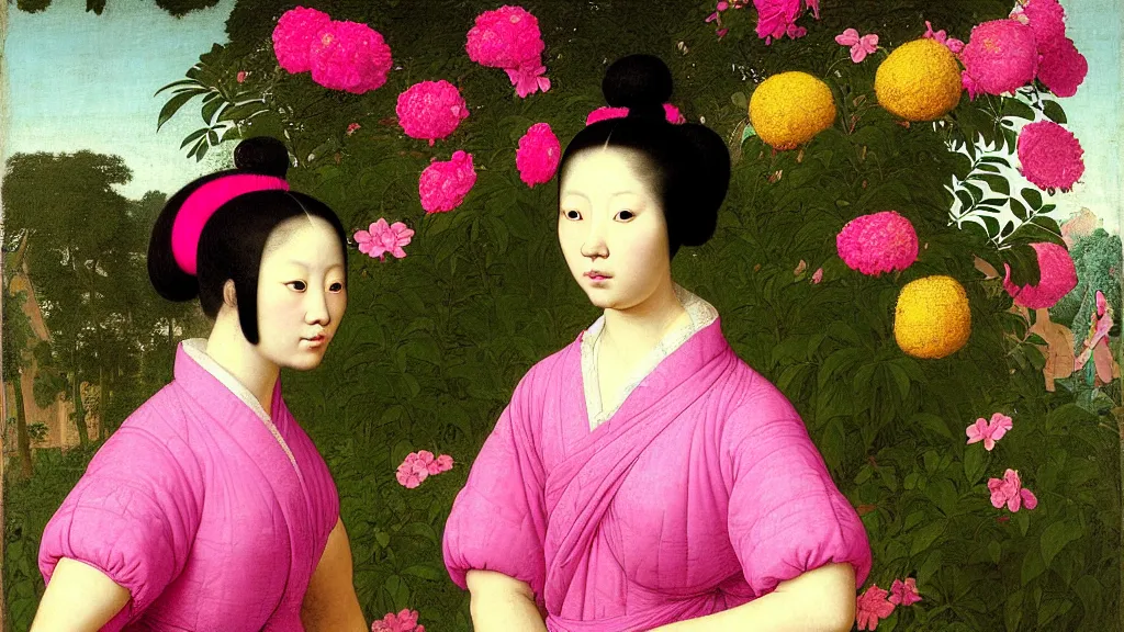 Prompt: portrait of a young Asian woman with neon pink hair buns, wearing a yellow t-shirt, standing in a garden full of black flowers, intricate details, high detail, in a renaissance style, super-flat, in the style of Jean Auguste Dominique Ingres, James Jean, punk