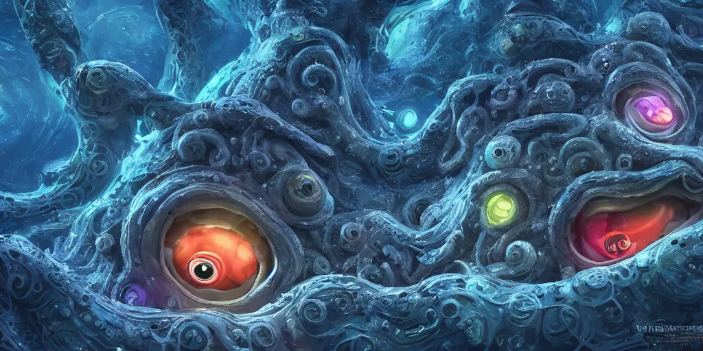 Image similar to of an intricate deep sea with strange cute friendly happy creatures with huge eyes, long tongue, round teeth and goofy funny face, appearing from the background, in the style of gehry and gaudi, macro lens, shallow depth of field, ultra detailed, digital painting, trending artstation, concept art, illustration, cinematic lighting, photorealism, epic, octane render