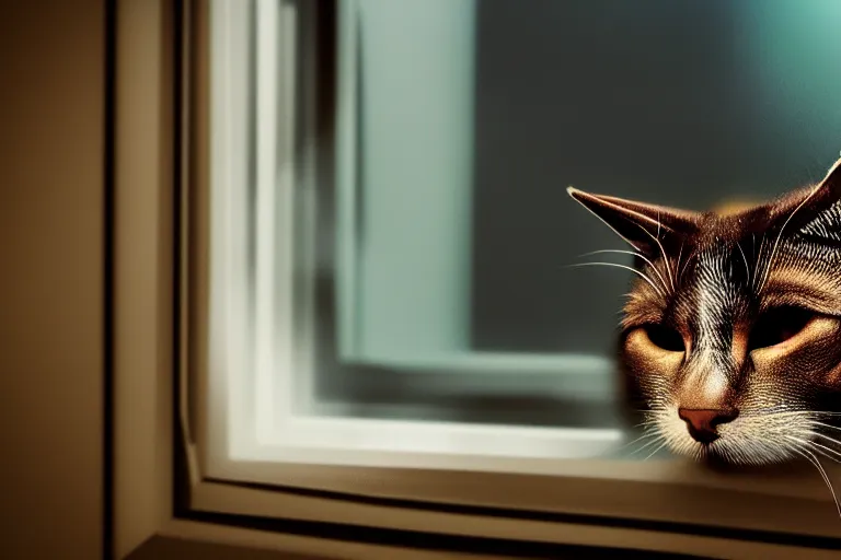 Image similar to vfx film closeup, cat on a window ledge, flat color profile low - key lighting award winning photography arri alexa cinematography, hyper real photorealistic cinematic, atmospheric cool colorgrade