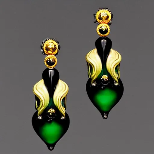 Image similar to artnouveau alien goddess earrings made by René lalique in black, white and emerald and gold