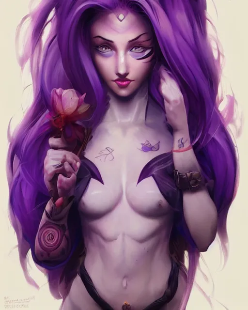 Image similar to beautiful female purple hair tattoo symmetrical face eyes full length fantasy art Video game icon, 2d game art cover , official fanart behance hd artstation by Jesper Ejsing, by RHADS, Makoto Shinkai and Lois van baarle, ilya kuvshinov, rossdraws