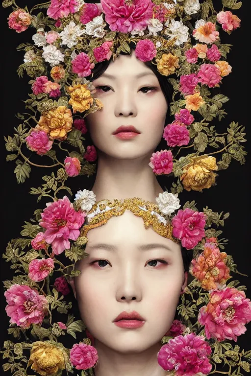 Image similar to a beautiful empress portrait, with a brilliant, impossible striking big flower headpiece, clothes entirely made out of flowers, symmetrical, dramatic studio lighting, rococo, baroque, jewels, asian, hyperrealism, closeup, D&D, fantasy, intricate, elegant, highly detailed, digital painting, artstation, octane render, 8k, concept art, matte, sharp focus, illustration, art by Artgerm and Greg Rutkowski and Alphonse Mucha