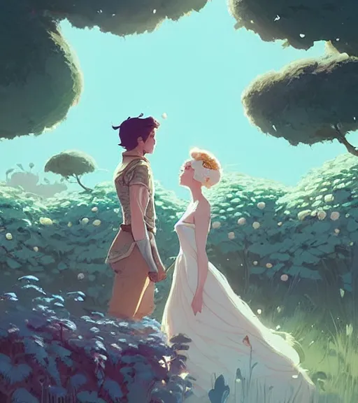 Prompt: a princess and a king almost kissing in the beautiful garden by atey ghailan, by greg rutkowski, by greg tocchini, by james gilleard, by joe fenton, by kaethe butcher, dynamic lighting, gradient light blue, brown, blonde cream and white color scheme, grunge aesthetic