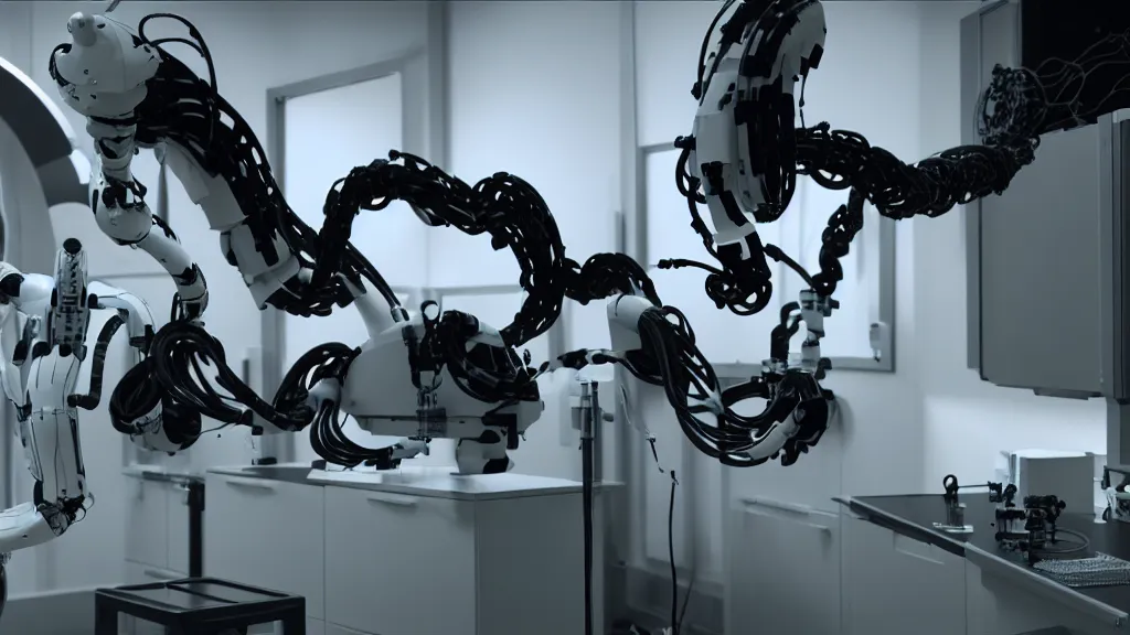 Image similar to a complex bifurcated robotic cnc surgical arm hybrid mri 3 d printer machine making swirling black and white ceramic mandlebulb mutant forms in the laboratory inspection room, film still from the movie directed by denis villeneuve with art direction by salvador dali, wide lens, f 3 2, cinematic lighting, studio quality, smooth render, unreal engine 5 rendered, octane rendered