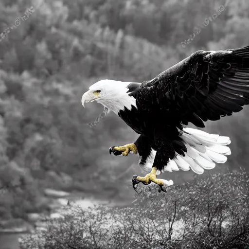 Image similar to a black and white eagle, flying over a forest with a river