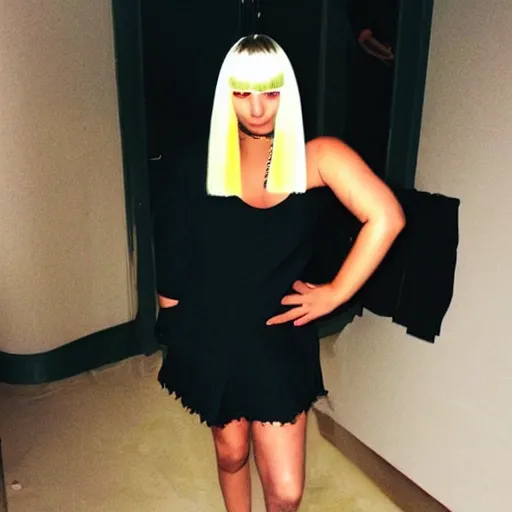 Prompt: sia furler wearing a tiny short dress photoshoot