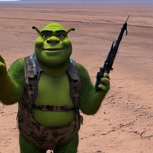 Prompt: shrek jumps out of a military aircraft in camo uniform into the desert with a parachute