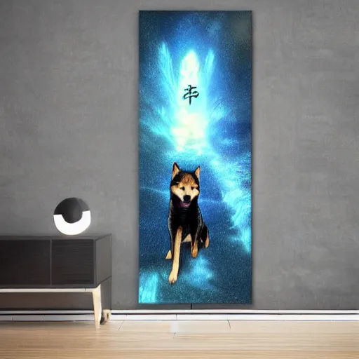 Prompt: shiba inu puppy warrior walks through a dimensional portal,back view, Fantasy Art