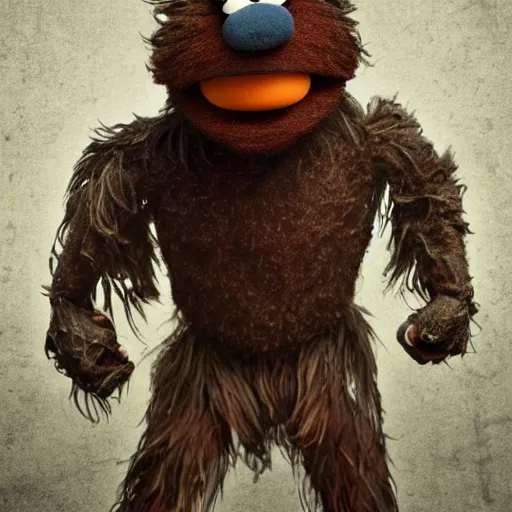 Image similar to a still of a forgotten muppet character looking very manly and modern, hilarious, laughing, hairy chest, huge chin, manly monster tough guy, roughled fur, photo real, photographic, photograph, artstation, trending, featured