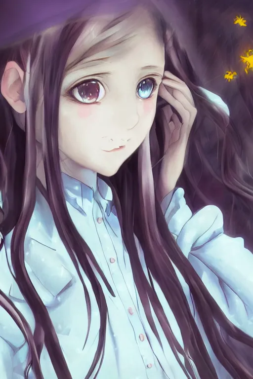 Prompt: 'a lonesome soul that is imagining becoming a lost soul as a cute and pretty mentally insane girl inquisitively smirks at you' 'pretty and cute teen girl wearing a private school uniform, with mental insanity imagines an image of a psychic energetic state of lucid reality.' ultra detailed realistic anime style at 16K resolution. epically surreally beautiful image. rendering amazing detail. vivid clarity. ultra shadowing. really cool shadowing creating a 3D effect. masterpiece illustration. face portrait. muted colors