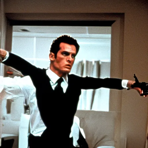 Prompt: patrick bateman shooting cops in american psycho ( 1 9 9 9 )