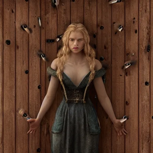 Image similar to epic cinematic shot of beautiful scandinavian princess with symmetrical face stunning eyes and long blonde standing against wooden wall surrounded full of bulletholes, weta disney pixar, hi - fructose, decadent highly - detailed digital painting, golden ratio, octane render, artstation, cinematic composition, smooth, sharp focus, artgerm, mucha, loish, wlop hdr