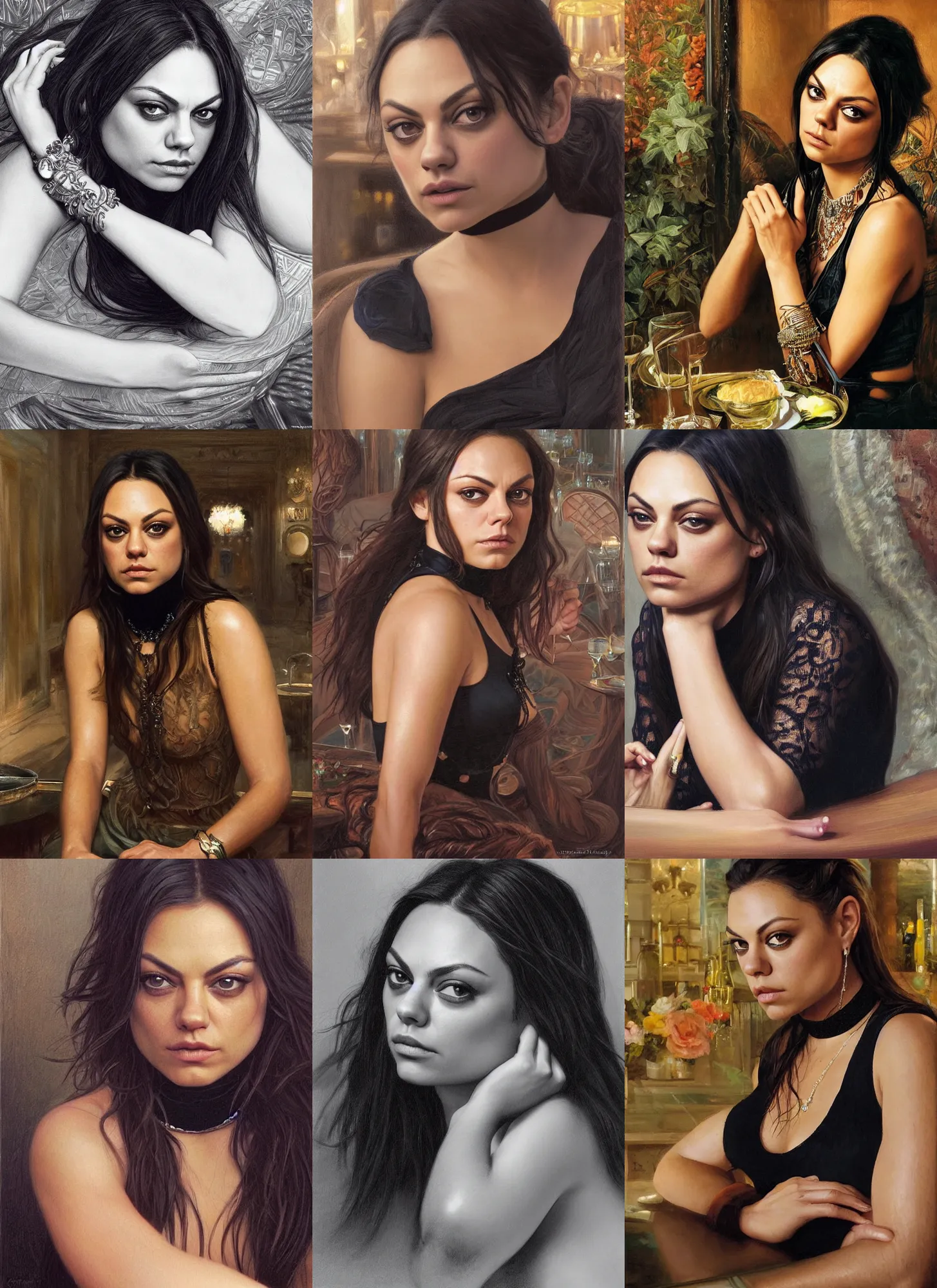 Prompt: mila kunis sitting across the camera wearing a black choker staring into the camera, point of view, expensive restaurant, intricate, elegance, highly detailed, shallow depth of field, artgerm, donato giancola, joseph christian leyendecker