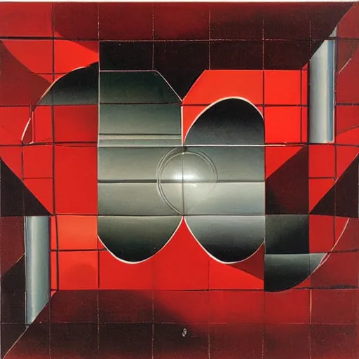 Prompt: chrome spheres on a red cube by hans baldung