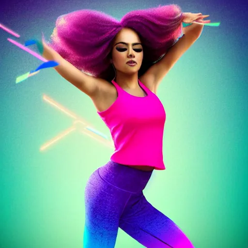 Image similar to a award winning full body shot of a beautiful woman in a croptop and leggings with a ombre purple pink teal hairstyle with head in motion and hair flying, outrun, vaporware, vivid colors, highly detailed, fine detail, intricate