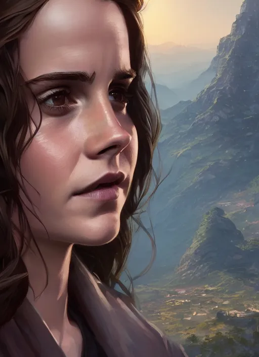 Image similar to highly detailed portrait of emma watson in gta v, stephen bliss, unreal engine, fantasy art by greg rutkowski, loish, rhads, ferdinand knab, makoto shinkai and lois van baarle, ilya kuvshinov, rossdraws, tom bagshaw, global illumination, radiant light, detailed and intricate environment