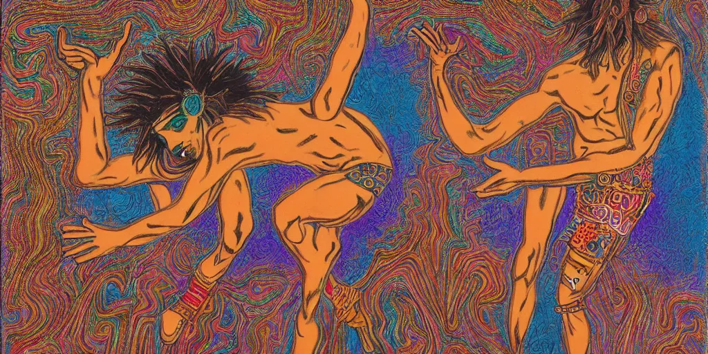 Prompt: an abstract spiritual background, a punk rocker greek god dancing mindlessly, clear eyes. 2 4 mm, photorealistic, muted color scheme, directed by mati klarwein