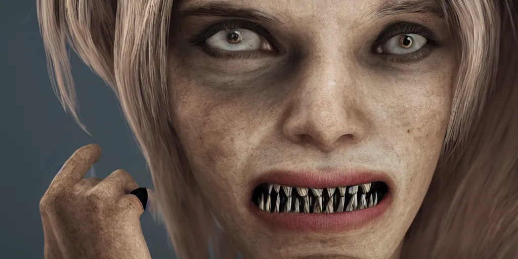 Image similar to a woman with razor sharp teeth, unreal 5, hyperrealistic, realistic, photorealistic, dynamic lighting, highly detailed, cinematic landscape, studio landscape, studio lighting