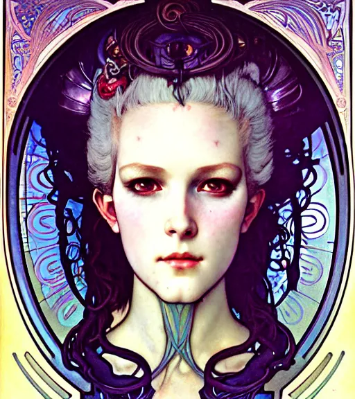 Prompt: realistic detailed face portrait of beaitiful young otherworldly alien cyberpunk warrior marie antoinette by alphonse mucha, ayami kojima, amano, greg hildebrandt, and mark brooks, art nouveau, female, feminine, rococo cyberpunk, neo - gothic, gothic, character concept design