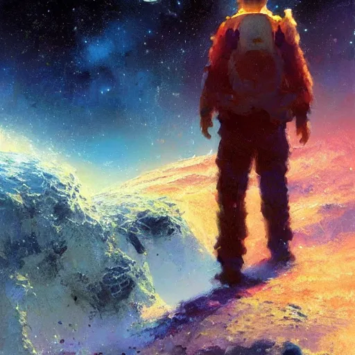 Prompt: a man lost in space, lonely, beautiful, cosmic, craig mullins, colourful