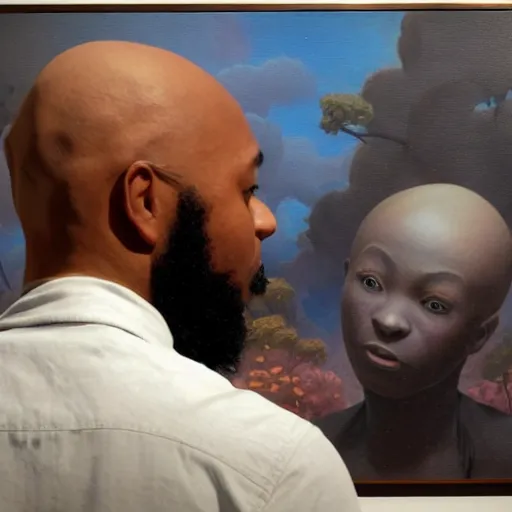 Prompt: a strikingly handsome bald african-american man with a goatee viewing contemporary artworks at the Hirshhorn museum, in the style of Johfra and Shaun Tan, By Ruan Jia and Artgerm and Range Murata and WLOP and Ross Tran and William-Adolphe Bouguereau and Beeple, Fantasy Illustration. octane render, award winning, Artstation, intricate details, realistic, Hyperdetailed, 8k resolution