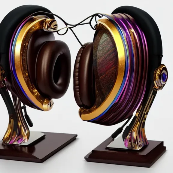 Image similar to masterpiece photo of beautiful crafted artistic bismuth metal headphones, bismuth rainbow metal, bismuth cups, leather padding, displayed on mahogany desk, modernist headphones, bismuth headphones beautiful well designed, hyperrealistic, audiophile, intricate hyper detail, extreme high quality, photographic, meze audio, sennheiser, hifiman, artstation