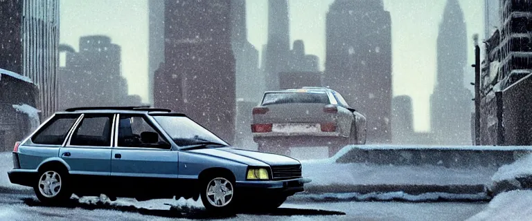 Image similar to Aqua Metallic Audi 80 RS 2 Avant (1995), black car, a gritty neo-noir, dramatic lighting, cinematic, establishing shot, extremely high detail, photorealistic, cinematic lighting, artstation, by simon stalenhag, Max Payne (PC) (2001) winter new york at night, flashing lights, Poets of the Fall - Late Goodbye