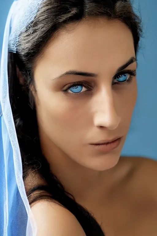 Prompt: young Monica Belluci as an Arab woman, tanned skintone, bright blue eyes, white transparent veil, headscarf, light blue long sleeves dress, closeup portrait, focus face