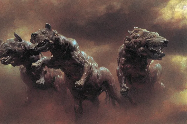 Image similar to hyperdetailed matte art of cerberus by ilya repin, amano, rene magritte, craig mullins