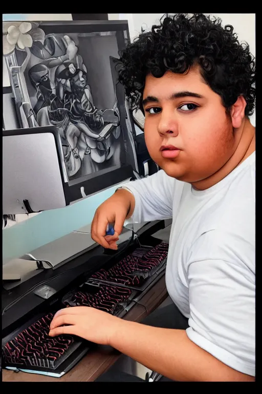 Image similar to painting of a young chubby mexican man with curly hair sitting at his work desk with an incredibly fancy mechanical keyboard, by artgerm and yoshitaka amano, trending on artstation