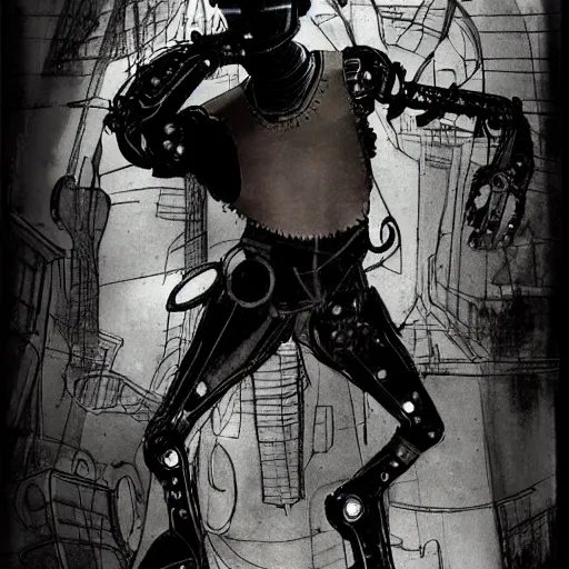 Prompt: ccyborg man, thin, short hair, small scar on the chin, a robotic arm and big shoes, sophisticated clothing with some steampunk elements, gesture dynamic, organic, appealing, book cover, deep shadows, by Dave McKean sketch lineart for character design